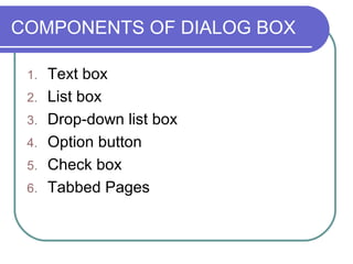 COMPONENTS OF DIALOG BOX

 1.   Text box
 2.   List box
 3.   Drop-down list box
 4.   Option button
 5.   Check box
 6.   Tabbed Pages
 