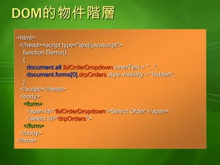 使用XmlHttp協定<script type="text/javascript">varxmlhttp;varloadXMLDoc(url){  if (window.ActiveXObject)  {xmlhttp=new ActiveXObject("Microsoft.XMLHTTP");    if (xmlhttp)    {xmlhttp.onreadystatechange=xmlhttpChange;xmlhttp.open("GET","Web服務的網址",true);xmlhttp.send("資料");    }  }}</script>見下頁