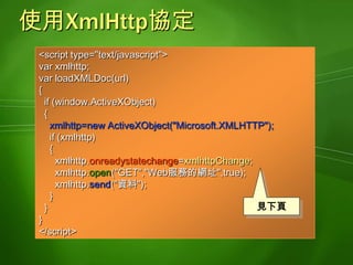 處理呼叫結果0=>Uninitialized1=>Loading2=>Loaded3=>Interactive4=>Complete<script type="text/javascript">function xmlhttpChange(){  if (xmlhttp.readyState==4) {    if (xmlhttp.status==200) {// 如果沒有發生錯誤// ...處理結果...    }else {      alert("Problem retrieving XML data");    }  }}</script>見下頁