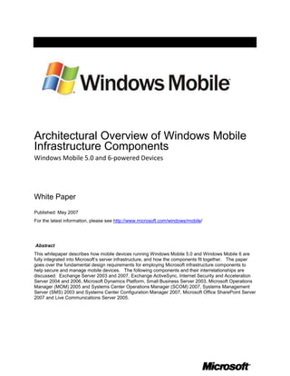 Architectural Overview of Windows Mobile
Infrastructure Components
Windows Mobile 5.0 and 6-powered Devices
White Paper
Published: May 2007
For the latest information, please see http://www.microsoft.com/windows/mobile/
Abstract
This whitepaper describes how mobile devices running Windows Mobile 5.0 and Windows Mobile 6 are
fully integrated into Microsoft’s server infrastructure, and how the components fit together. The paper
goes over the fundamental design requirements for employing Microsoft infrastructure components to
help secure and manage mobile devices. The following components and their interrelationships are
discussed: Exchange Server 2003 and 2007, Exchange ActiveSync, Internet Security and Acceleration
Server 2004 and 2006, Microsoft Dynamics Platform, Small Business Server 2003, Microsoft Operations
Manager (MOM) 2005 and Systems Center Operations Manager (SCOM) 2007, Systems Management
Server (SMS) 2003 and Systems Center Configuration Manager 2007, Microsoft Office SharePoint Server
2007 and Live Communications Server 2005.
 