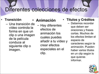 Diferentes colecciones de efectos Transición Una transición de vídeo controla la forma en que un clip o una imagen de la película conduce al siguiente clip o imagen.   Títulos y Créditos Debemos recordar que deben ser oraciones y frases cortas. Muchos de los efectos limitan el espacio de caracteres según la animación. Pueden haber varios títulos en un clip según lo que quieras informar. Animación Hay diferentes efectos de animación los cuales puedes añadir a tu vídeo y crear efectos especiales en el clip.  