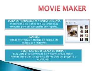 BARRA DE HERRAMIENTAS Y BARRA DE MENÚS
Proporciona los íconos con las tareas más
comunes para ser ejecutadas con rapidez.

PANELES:
donde se efectua el trabajo de edicion de
pelicualas e imagenes
GUION GRAFICO O ESCALA DE TIEMPO :
Es la vista predeterminada de Windows Movie Maker.
Permite visualizar la secuencia de los clips del proyecto y
modificarlo.

 