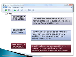 EDITAR:
HERRAMIENTA
S DE VIDEO

HERRAMIENTA
S DE TEXTO

HERRAMIENTA
S DE MUSICA

Con este menú tendremos acceso a
herramientas como: duración , volumen,
color de fondo al video , etc.

Se activa al agregar un texto o frase al
video, con este menú podrás crear y
modificar diversos estilos así como
efectos para el texto

Se activa al agregar una canción en el
video y con este puedes distribuir
tiempos, mezclar canciones entre otras.

 