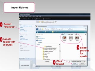 Storyboard/timeline – includes Video      bar, Music/Audio bar, Titles/Credits     barVideo effects and transitionsHow pictures are displayed