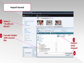 How one picture evolves into the next  (ex. fade in; fade out)Titles and creditsAt beginning and end of movieTitle animationOptions available to create animation for special effectsFormatting optionsText font, size, color, & background Background musicImport  & drop to Storyboard 