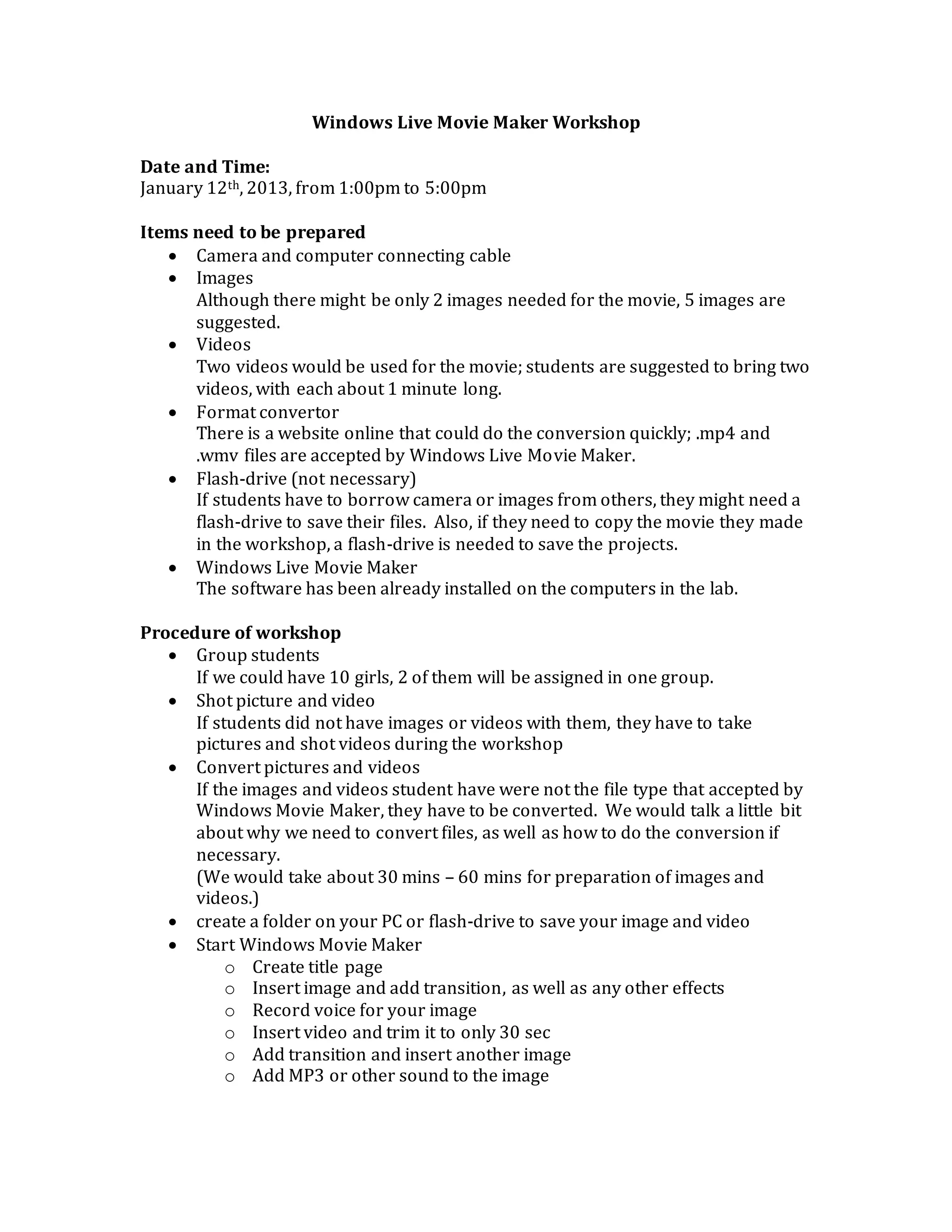 Windows movie maker workshop on january 12th | PDF