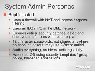 System Admin Personas Sophisticated Uses a firewall with NAT and ingress / egress filtering Uses an IDS / IPS in the DMZ network Ensures critical security patches tested and deployed in 24 hours with rollback plan 12 character passwords, not shared anywhere, no account lockout, may use 2-factor authN Audits everything, archives audit logs daily Hardened OS using security templates / group policy, hardened applications 