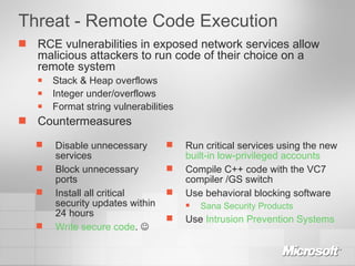 Threat - Remote Code Execution RCE vulnerabilities in exposed network services allow malicious attackers to run code of their choice on a remote system Stack & Heap overflows Integer under/overflows Format string vulnerabilities Countermeasures Disable unnecessary services Block unnecessary ports Install all critical security updates within 24 hours Write secure code .   Run critical services using the new  built-in low-privileged accounts Compile C++ code with the VC7 compiler /GS switch Use behavioral blocking software Sana Security Products Use  Intrusion Prevention Systems 