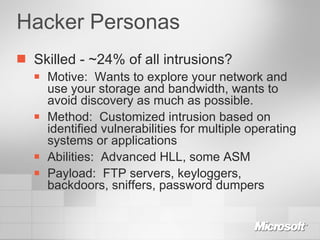Hacker Personas Skilled - ~24% of all intrusions? Motive:  Wants to explore your network and use your storage and bandwidth, wants to avoid discovery as much as possible. Method:  Customized intrusion based on identified vulnerabilities for multiple operating systems or applications Abilities:  Advanced HLL, some ASM Payload:  FTP servers, keyloggers, backdoors, sniffers, password dumpers 