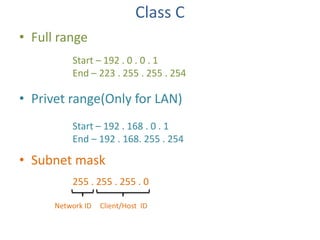 Class C
• Full range
Start – 192 . 0 . 0 . 1
End – 223 . 255 . 255 . 254

• Privet range(Only for LAN)
Start – 192 . 168 . 0 . 1
End – 192 . 168. 255 . 254

• Subnet mask
255 . 255 . 255 . 0
Network ID

Client/Host ID

 