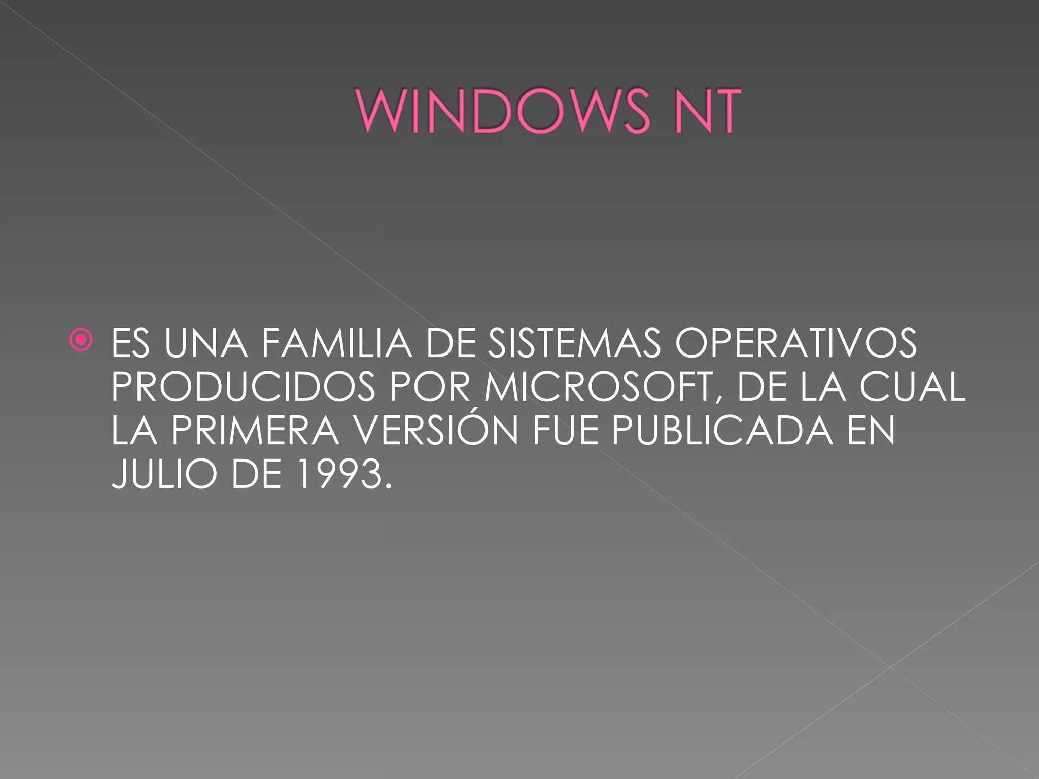 ES UNA FAMILIA DE SISTEMAS OPERATIVOS PRODUCIDOS POR MICROSOFT, DE LA CUAL LA PRIMERA VERSIÓN FUE PUBLICADA EN JULIO DE 1993.