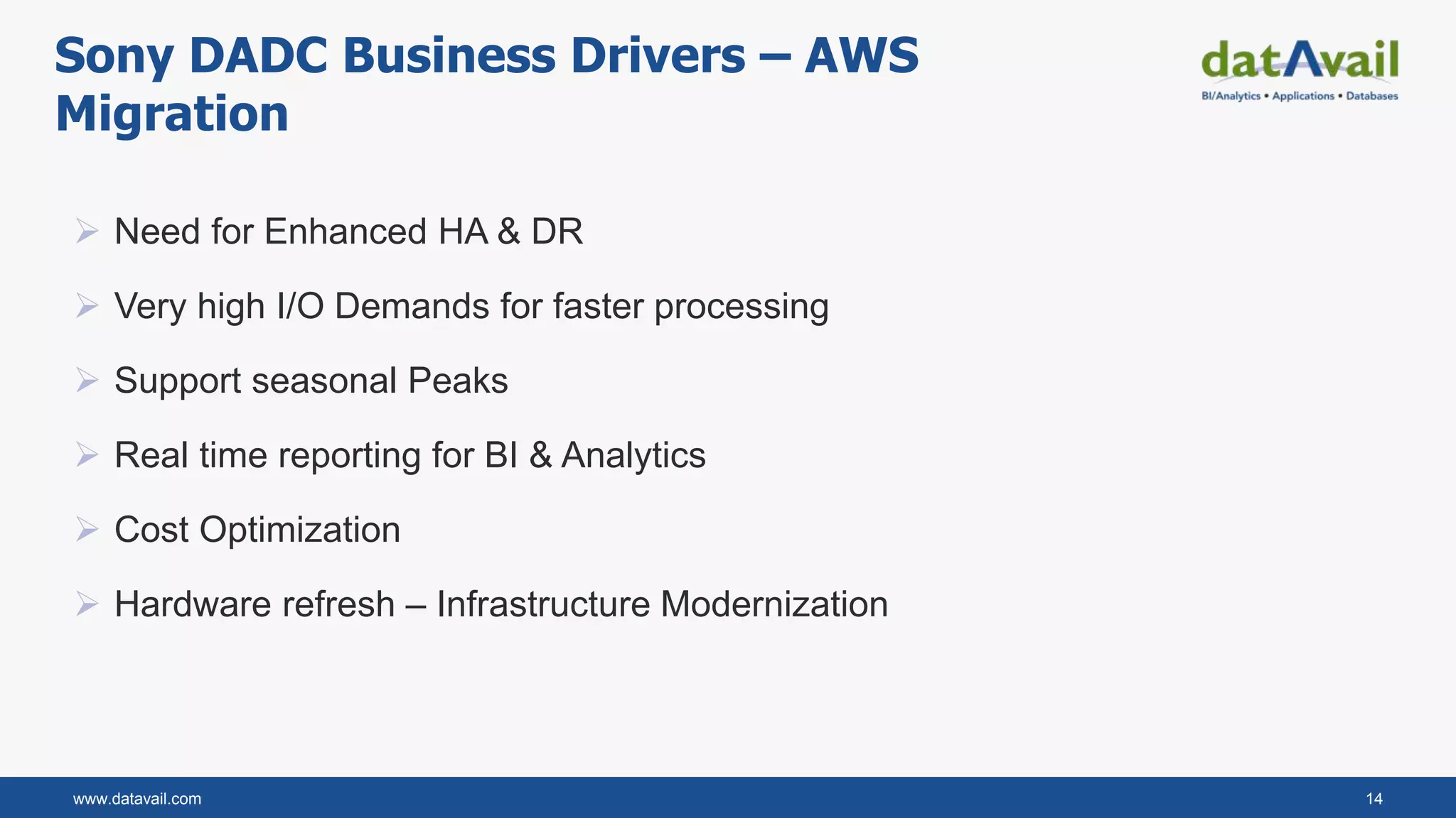 www.datavail.com 14
 Need for Enhanced HA & DR
 Very high I/O Demands for faster processing
 Support seasonal Peaks
 Real time reporting for BI & Analytics
 Cost Optimization
 Hardware refresh – Infrastructure Modernization
Sony DADC Business Drivers – AWS
Migration
 