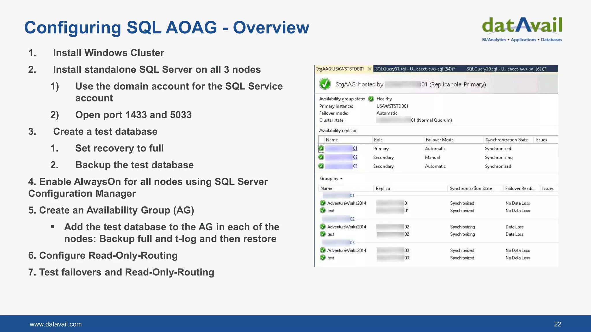 www.datavail.com 22
Configuring SQL AOAG - Overview
1. Install Windows Cluster
2. Install standalone SQL Server on all 3 nodes
1) Use the domain account for the SQL Service
account
2) Open port 1433 and 5033
3. Create a test database
1. Set recovery to full
2. Backup the test database
4. Enable AlwaysOn for all nodes using SQL Server
Configuration Manager
5. Create an Availability Group (AG)
 Add the test database to the AG in each of the
nodes: Backup full and t-log and then restore
6. Configure Read-Only-Routing
7. Test failovers and Read-Only-Routing
 