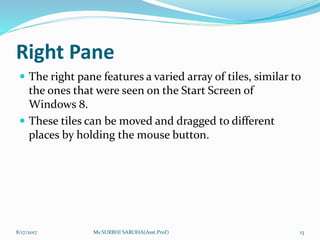 Right Pane
 The right pane features a varied array of tiles, similar to
the ones that were seen on the Start Screen of
Windows 8.
 These tiles can be moved and dragged to different
places by holding the mouse button.
8/17/2017 Ms SURBHI SAROHA(Asst.Prof) 13
 