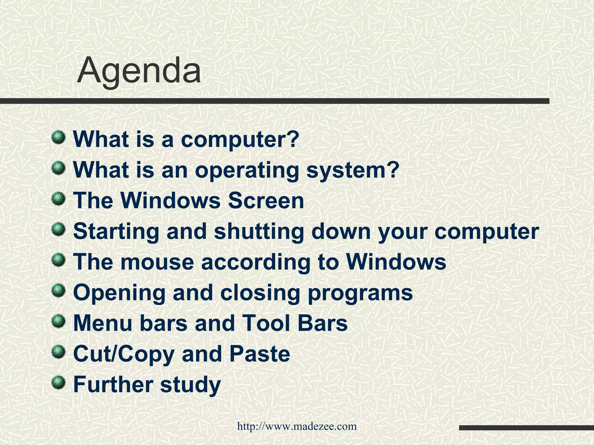 Agenda What is a computer? What is an operating system?  The Windows Screen Starting and shutting down your computer The mouse according to Windows Opening and closing programs Menu bars and Tool Bars Cut/Copy and Paste Further study 