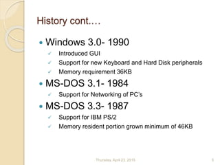 History cont.…
 Windows 3.0- 1990
 Introduced GUI
 Support for new Keyboard and Hard Disk peripherals
 Memory requirement 36KB
 MS-DOS 3.1- 1984
 Support for Networking of PC’s
 MS-DOS 3.3- 1987
 Support for IBM PS/2
 Memory resident portion grown minimum of 46KB
Thursday, April 23, 2015 5
 
