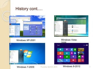 History cont.…
Windows XP-2001 Windows Vista-
2006
Windows 7-2009 Windows 8-2012Thursday, April 23, 2015 7
 