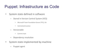 Puppet: Infrastructure as Code
• System state defined in software
– Stored in Version Control System (VCS)
• Microsoft Team Foundation Server (TFC), Git
• Centralized location
– Versionable
• Commit hash
– Dependency resolution
• System state implemented by machine
– Puppet agent
 