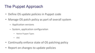 The Puppet Approach
• Define OS update policies in Puppet code
• Manage OS patch policy as part of overall system
– Application versions
– System, application configuration
• Native Puppet Types
• DSC
• Continually enforce state of OS patching policy
• Report on changes to update policies
 