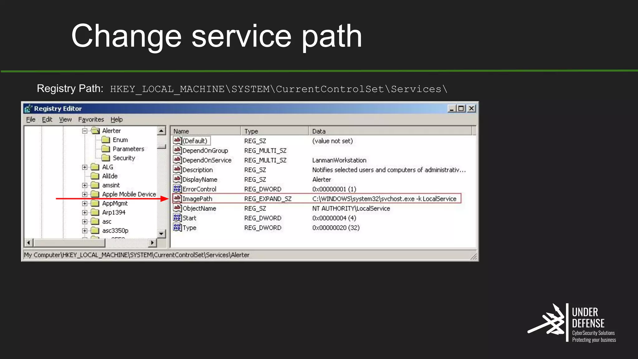 Сhange service path
Registry Path: HKEY_LOCAL_MACHINESYSTEMCurrentControlSetServices
 