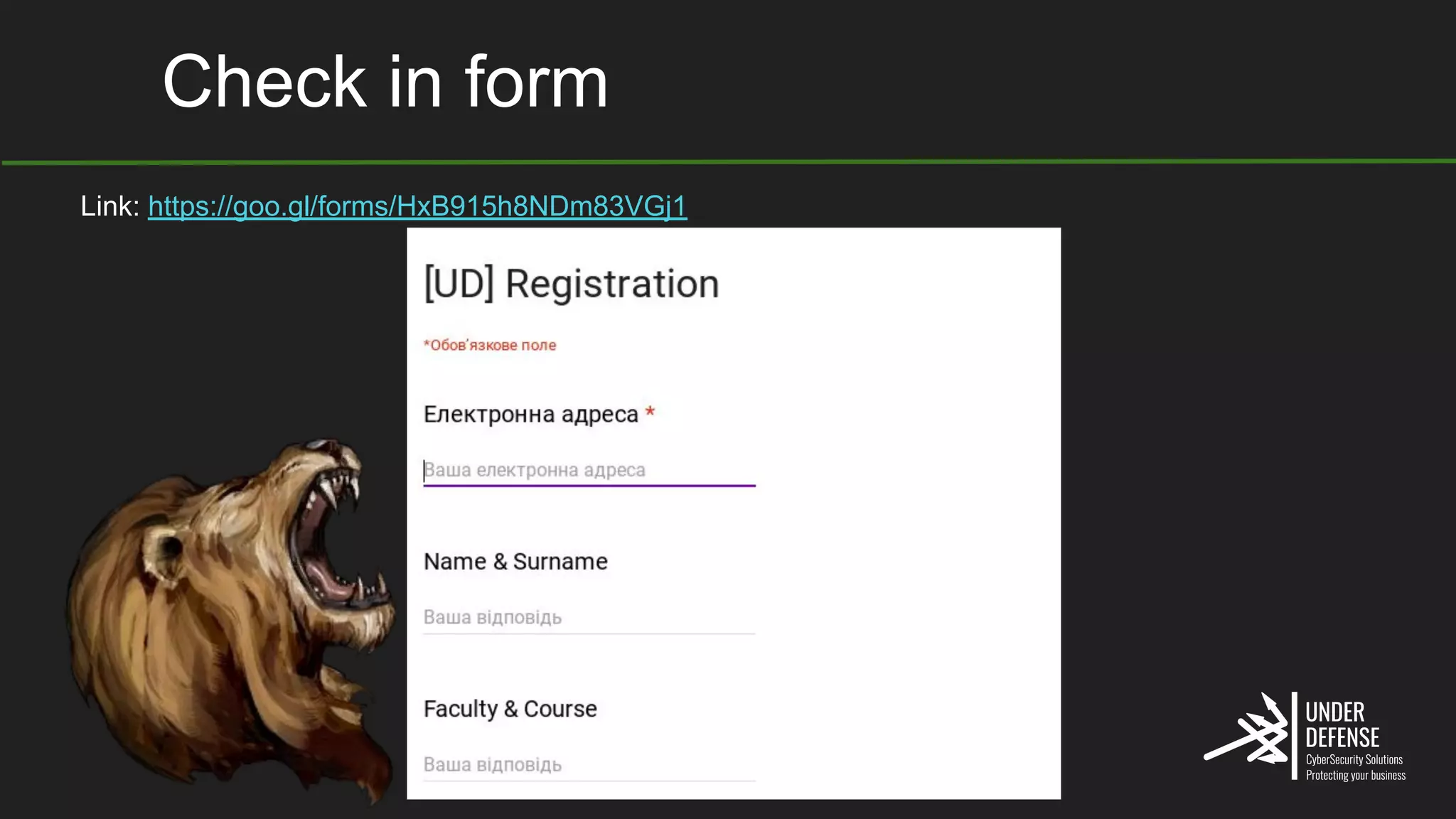 Check in form
Link: https://goo.gl/forms/HxB915h8NDm83VGj1
 