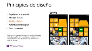 Principios de diseño
SE VIVO
Haz que la gente interactúe directamente
con el contenido y responda a acciones
rápidamente.
• Orgullo en lo artesanal
• Más con menos
• Rápido y fluido
• Auténticamente digital
• Gana como uno
 