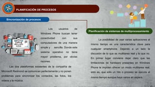 PLANIFICACIÓN DE PROCESOS
Sincronización de procesos
Los usuarios de
Windows Phone buscan tener
conectividad con sus
computadores de una manera
simple y sencilla. Donde este
sistema operativo no tiene
mayor problema, por obvias
razones.
Las dos plataformas existentes de la compañía de
Microsoft Redmond se comunican perfectamente y no ponen
problemas para sincronizar los contactos, las fotos, los
videos y la música.
Planificación de sistemas de multiprocesamiento
La posibilidad de usar varias aplicaciones al
mismo tiempo es una característica clave para
cualquier smartphone. Dejando a un lado la
discusión de lo que es multitarea real y lo que no.
En primer lugar conviene dejar claro que las
limitaciones de hardware presentes en Windows
Phone le impiden ofrecer un modo multitarea real,
esto es, que solo un hilo o proceso se ejecuta al
mismo tiempo aunque haya varios en espera.
 