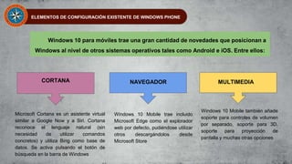 ELEMENTOS DE CONFIGURACIÓN EXISTENTE DE WINDOWS PHONE
Windows 10 para móviles trae una gran cantidad de novedades que posicionan a
Windows al nivel de otros sistemas operativos tales como Android e iOS. Entre ellos:
CORTANA NAVEGADOR MULTIMEDIA
Microsoft Cortana es un asistente virtual
similar a Google Now y a Siri. Cortana
reconoce el lenguaje natural (sin
necesidad de utilizar comandos
concretos) y utiliza Bing como base de
datos. Se activa pulsando el botón de
búsqueda en la barra de Windows
Windows 10 Mobile trae incluido
Microsoft Edge como el explorador
web por defecto, pudiéndose utilizar
otros descargándolos desde
Microsoft Store
Windows 10 Mobile también añade
soporte para controles de volumen
por separado, soporte para 3D,
soporte para proyección de
pantalla y muchas otras opciones
 