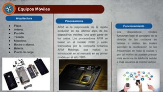Equipos Móviles
● Placa.
● Antena.
● Pantalla.
● Teclado.
● Micrófono.
● Bocina o altavoz.
● Batería.
● Puerto de carga.
Arquitectura
Procesadores
ARM es la responsable de la rápida
evolución en los últimos años de los
dispositivos móviles. una gran parte de
los casos. Los procesadores ARM se
basan en el modelo RISC y están
licenciados por la compañía británica
ARM Holdings, que realizó su
introducción en el mercado en su primer
modelo en el año 1985.
Funcionamiento
Los dispositivos móviles
funcionan bajo el concepto de la
división de las ciudades en
células o celdas, las cuales
permiten la reutilización de las
frecuencias en toda la ciudad y
por tal motivo se pueden prestar
más servicios de telefonía celular
a más usuarios al mismo tiempo.
 