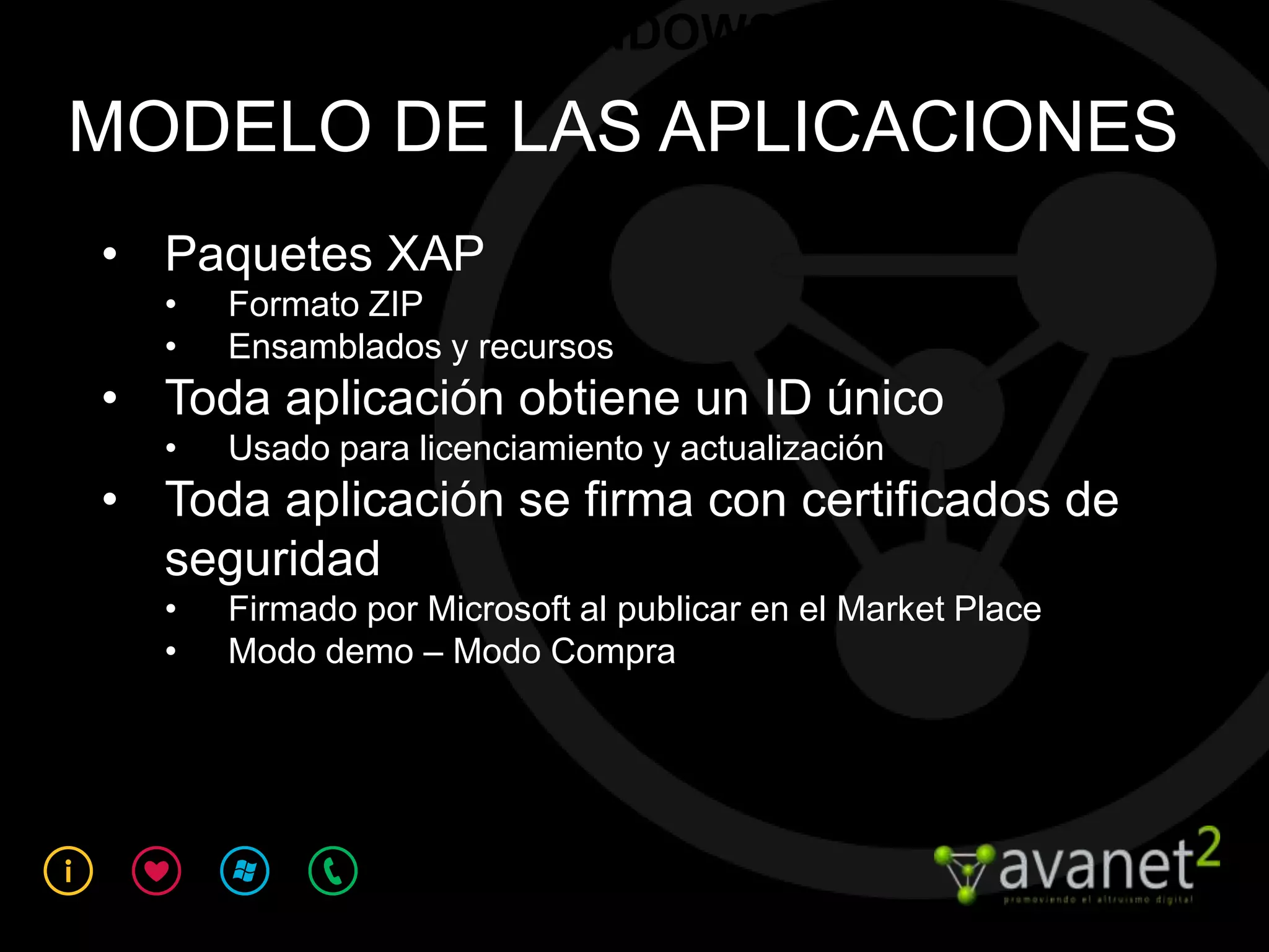 PROGRAMACIÓN EN WINDOWS PHONE 7
CON SILVERLIGHT
 MODELO DE LAS APLICACIONES
  • Paquetes XAP
    •   Formato ZIP
    •   Ensamblados y recursos
  • Toda aplicación obtiene un ID único
    •   Usado para licenciamiento y actualización
  • Toda aplicación se firma con certificados de
    seguridad
    •   Firmado por Microsoft al publicar en el Market Place
    •   Modo demo – Modo Compra
 