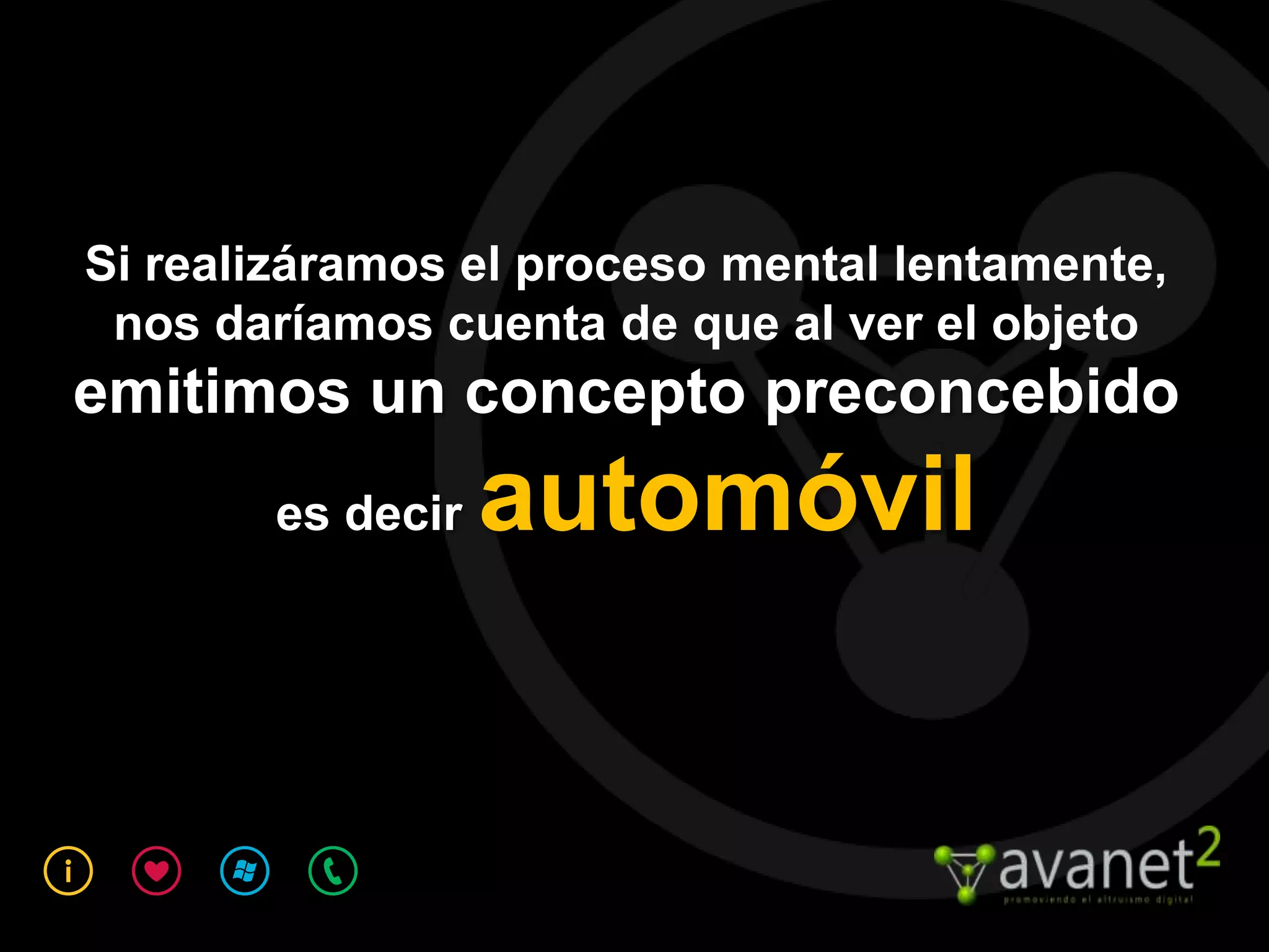 Si realizáramos el proceso mental lentamente,
 nos daríamos cuenta de que al ver el objeto
emitimos un concepto preconcebido
       es decir   automóvil
 