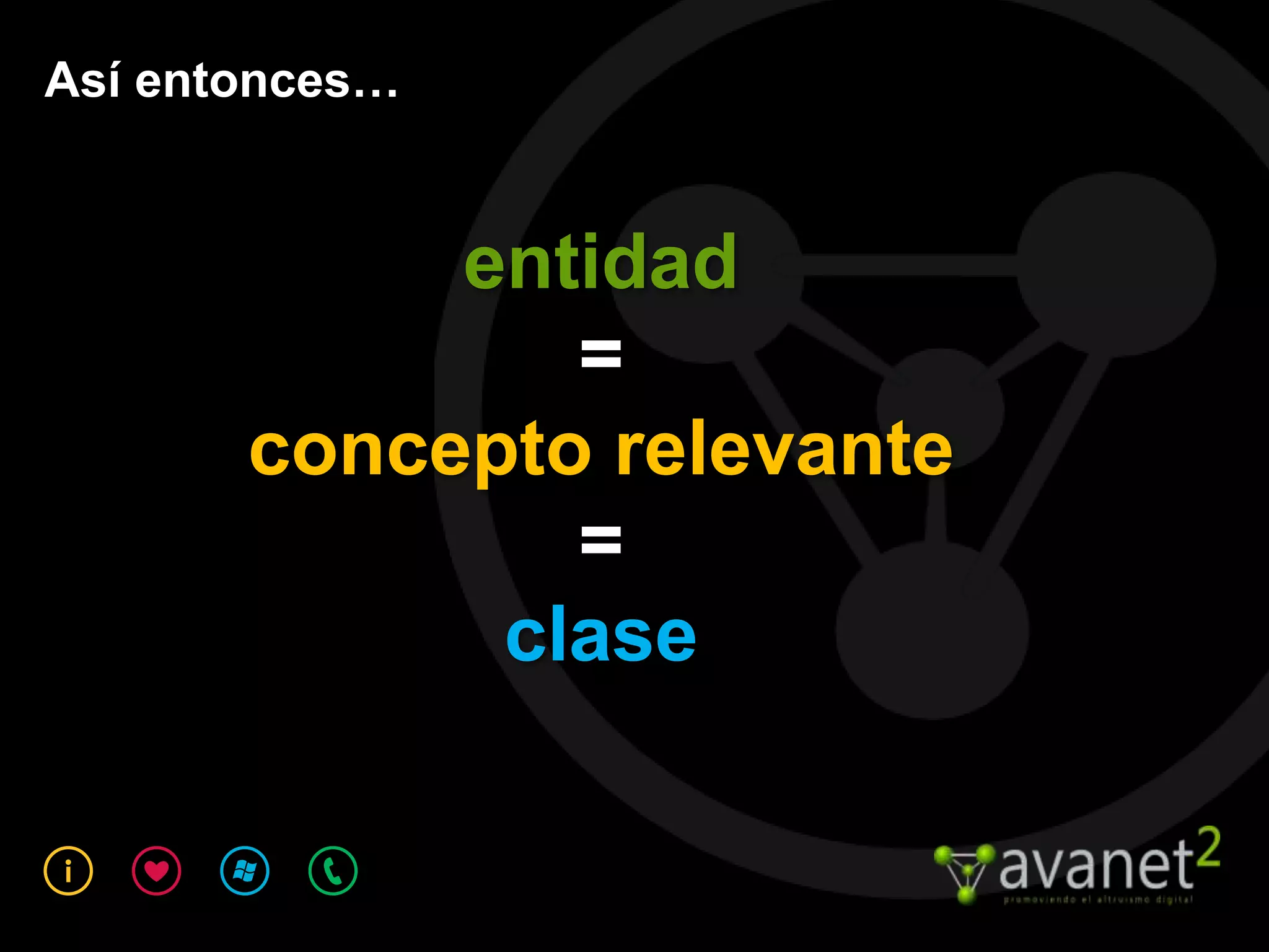 Así entonces…


            entidad
               =
       concepto relevante
               =
             clase
 