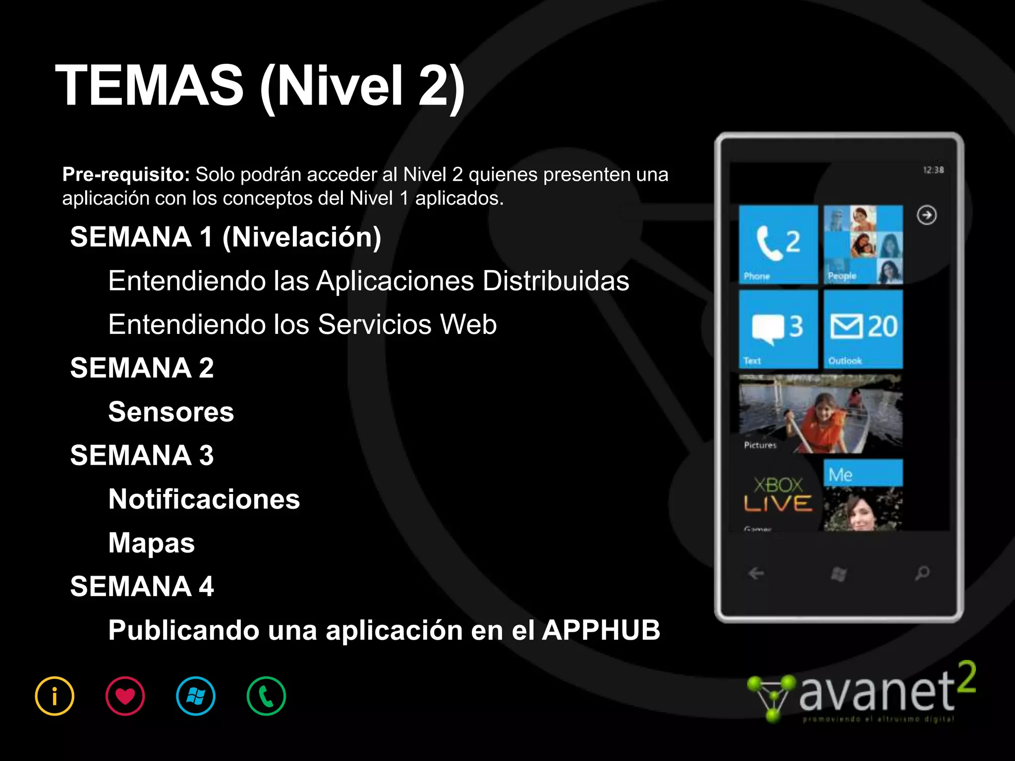 TEMAS (Nivel 2)
Pre-requisito: Solo podrán acceder al Nivel 2 quienes presenten una
aplicación con los conceptos del Nivel 1 aplicados.

SEMANA 1 (Nivelación)
     Entendiendo las Aplicaciones Distribuidas
     Entendiendo los Servicios Web
SEMANA 2
     Sensores
SEMANA 3
     Notificaciones
     Mapas
SEMANA 4
     Publicando una aplicación en el APPHUB
 