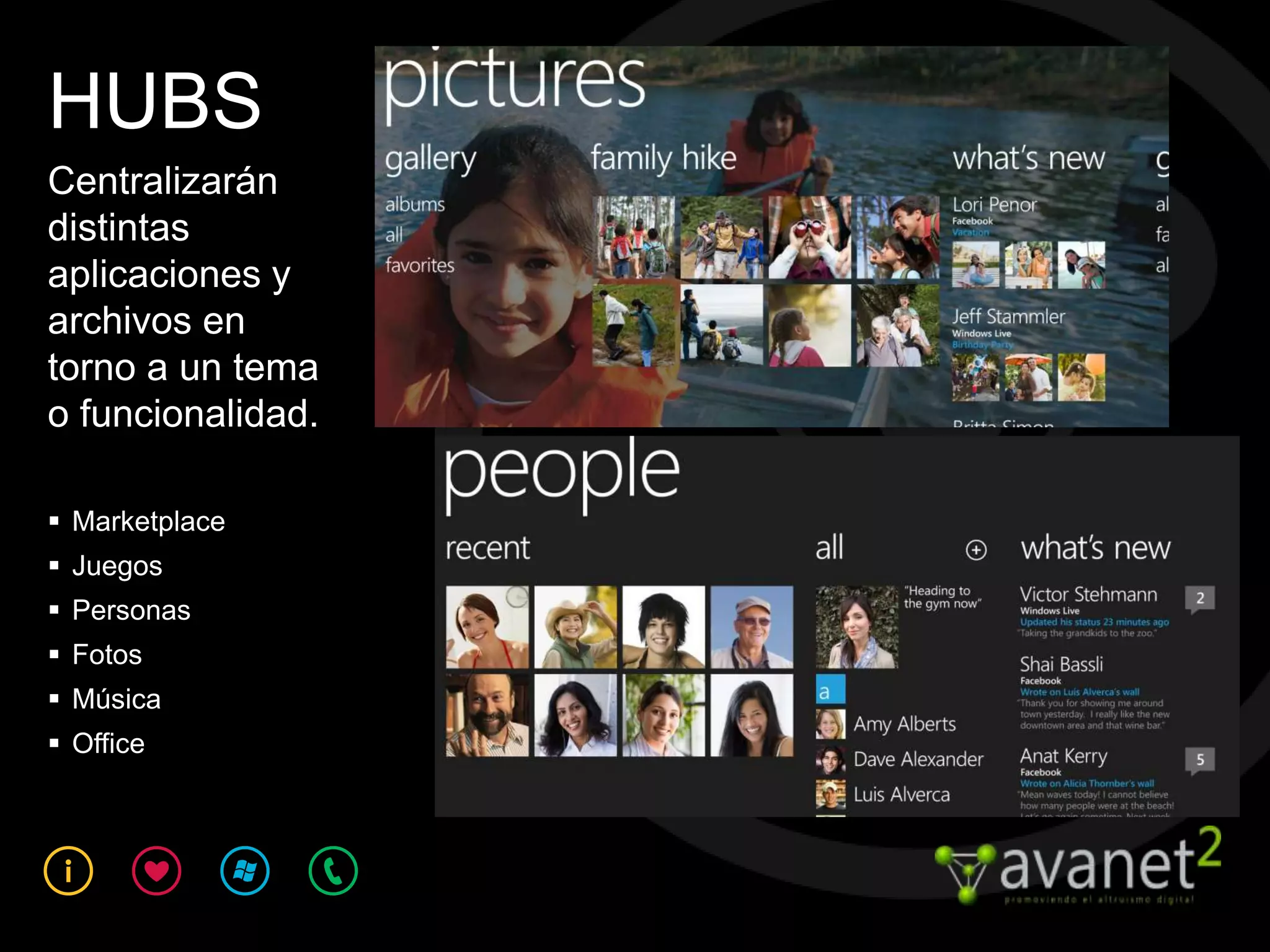 HUBS
Centralizarán
distintas
aplicaciones y
archivos en
torno a un tema
o funcionalidad.

 Marketplace
 Juegos
 Personas
 Fotos
 Música
 Office
 