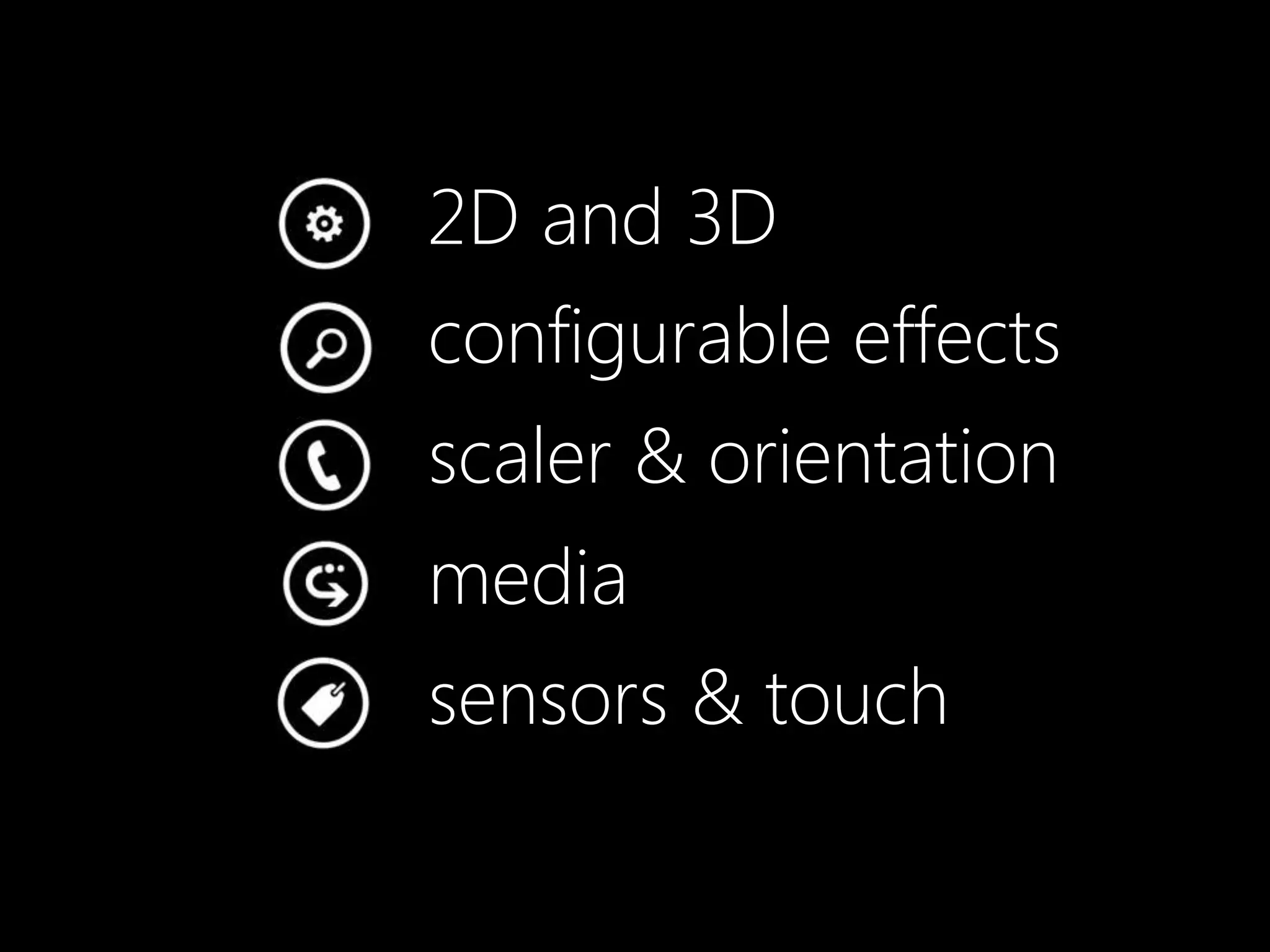 2D and 3D
configurable effects
scaler & orientation
media
sensors & touch
 