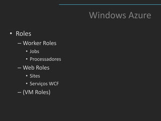 Windows Azure
• Roles
  – Worker Roles
     • Jobs
     • Processadores
  – Web Roles
     • Sites
     • Serviços WCF
  – (VM Roles)
 