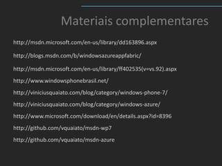 Materiais complementares
http://msdn.microsoft.com/en-us/library/dd163896.aspx

http://blogs.msdn.com/b/windowsazureappfabric/

http://msdn.microsoft.com/en-us/library/ff402535(v=vs.92).aspx
http://www.windowsphonebrasil.net/
http://viniciusquaiato.com/blog/category/windows-phone-7/
http://viniciusquaiato.com/blog/category/windows-azure/
http://www.microsoft.com/download/en/details.aspx?id=8396
http://github.com/vquaiato/msdn-wp7
http://github.com/vquaiato/msdn-azure
 