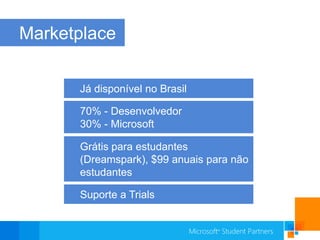 MarketplaceJá disponível no Brasil70% - Desenvolvedor 30% - MicrosoftGrátis para estudantes (Dreamspark), $99 anuais para não estudantesSuporte a Trials