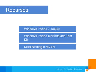 RecursosWindows Phone 7 ToolkitWindows Phone Marketplace Test KitData Binding e MVVM