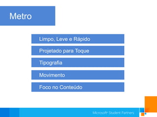 Limpo, Leve e RápidoProjetado para ToqueTipografiaMovimentoFoco no ConteúdoMovimentoFoco no conteúdoMetro