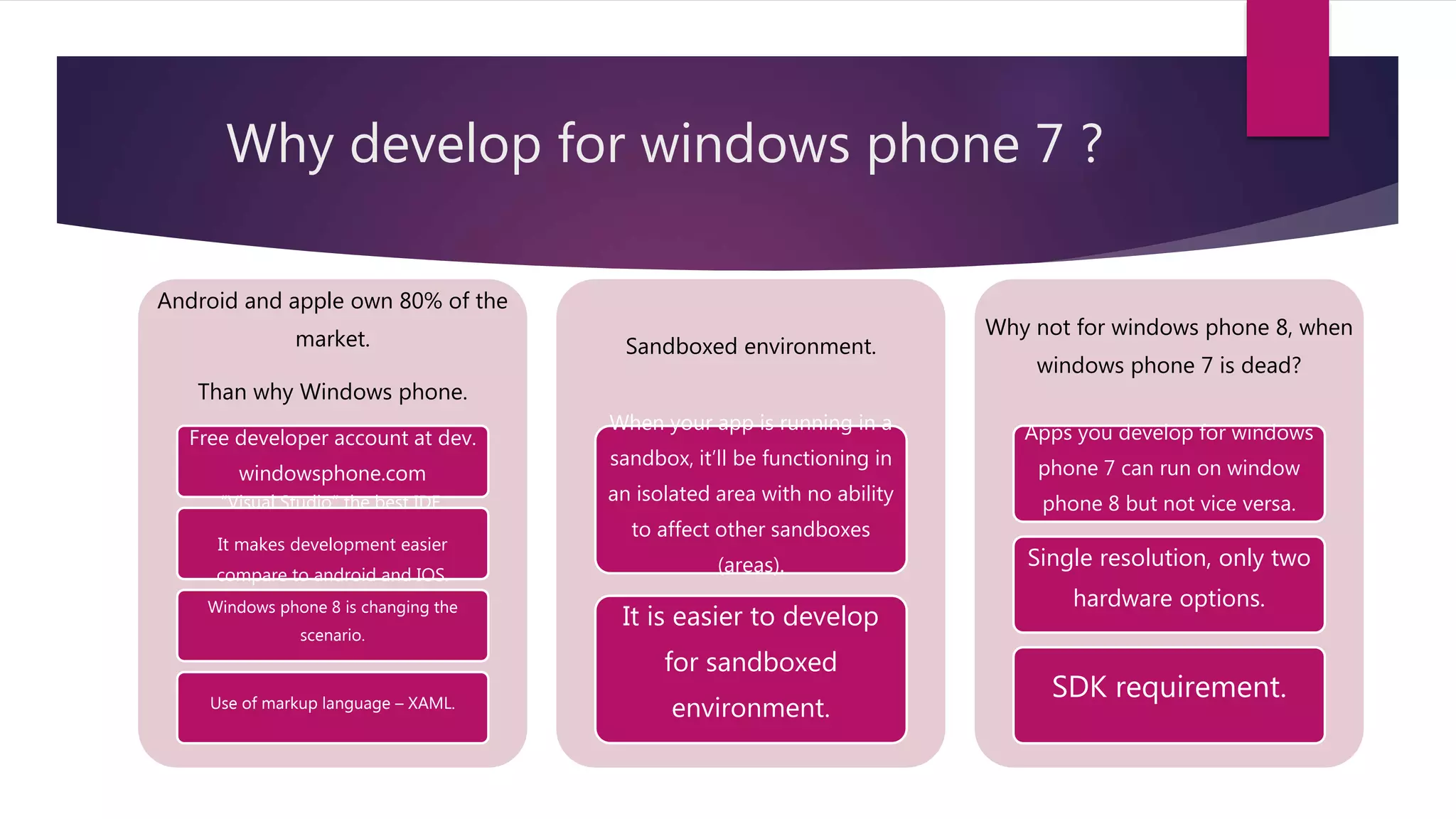 Why develop for windows phone 7 ?
Android and apple own 80% of the
market.
Than why Windows phone.
Free developer account at dev.
windowsphone.com
“Visual Studio” the best IDE.
It makes development easier
compare to android and IOS.
Windows phone 8 is changing the
scenario.
Use of markup language – XAML.
Sandboxed environment.
When your app is running in a
sandbox, it’ll be functioning in
an isolated area with no ability
to affect other sandboxes
(areas).
It is easier to develop
for sandboxed
environment.
Why not for windows phone 8, when
windows phone 7 is dead?
Apps you develop for windows
phone 7 can run on window
phone 8 but not vice versa.
Single resolution, only two
hardware options.
SDK requirement.
 