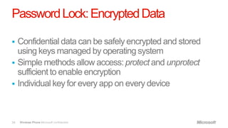 Password Lock: Encrypted Data










34   Windows Phone Microsoft confidential.
 