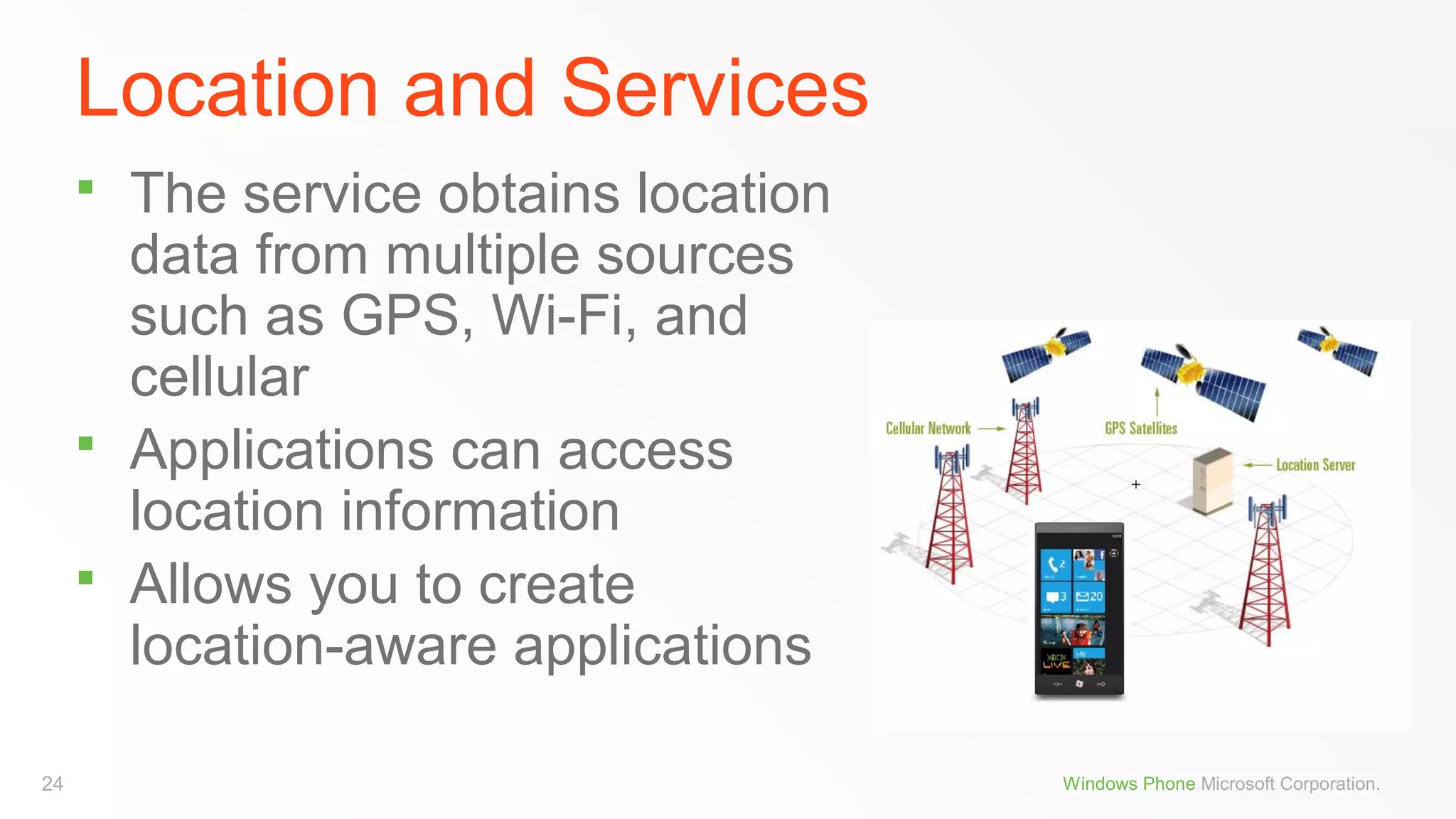 Location and Services





24

The service obtains location
data from multiple sources
such as GPS, Wi-Fi, and
cellular
Applications can access
location information
Allows you to create
location-aware applications
Windows Phone Microsoft Corporation.

 