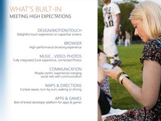WHAT’S BUILT-INMEETING HIGH EXPECTATIONSDESIGN/MOTION/TOUCHDelightful touch experience on capacitive screensBROWSERHigh-performance browsing experienceMUSIC , VIDEO, PHOTOSFully integrated Zune experience, connected PhotosCOMMUNICATIONPeople-centric experiences merging social nets with communicationMAPS & DIRECTIONSContext aware, turn-by-turn, walking or drivingAPPS & GAMESBest of breed developer platform for apps & games