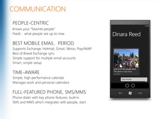 COMMUNICATIONPEOPLE-CENTRICKnows your “favorite people”Feeds :  what people are up to nowBEST MOBILE EMAIL.  PERIOD.Supports Exchange, Hotmail, Gmail, Yahoo, Pop/IMAPBest of Breed Exchange syncSimple support for multiple email accountsSmart, simple setupTIME-AWARESimple, high performance calendarManages work and personal calendars     FULL-FEATURED PHONE, SMS/MMSPhone dialer with key phone features, built-inSMS and MMS which integrates with people, startMicrosoft Confidential