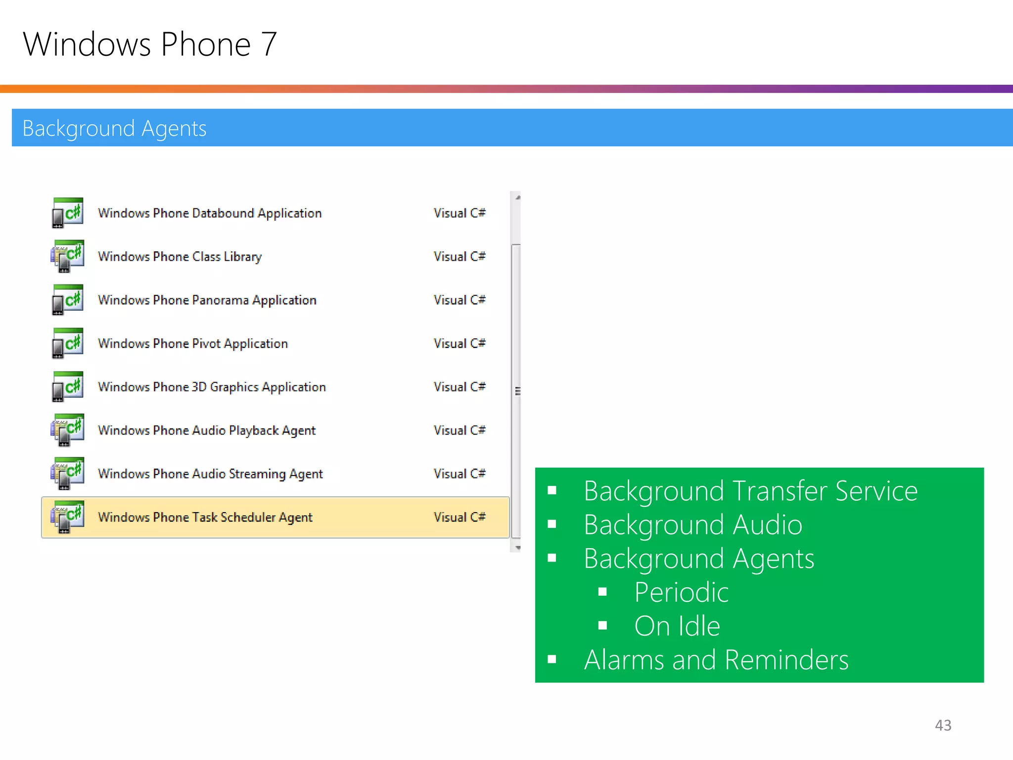 Windows Phone 7

Background Agents




                     Background Transfer Service
                     Background Audio
                     Background Agents
                        Periodic
                        On Idle
                     Alarms and Reminders

                                                    43
 