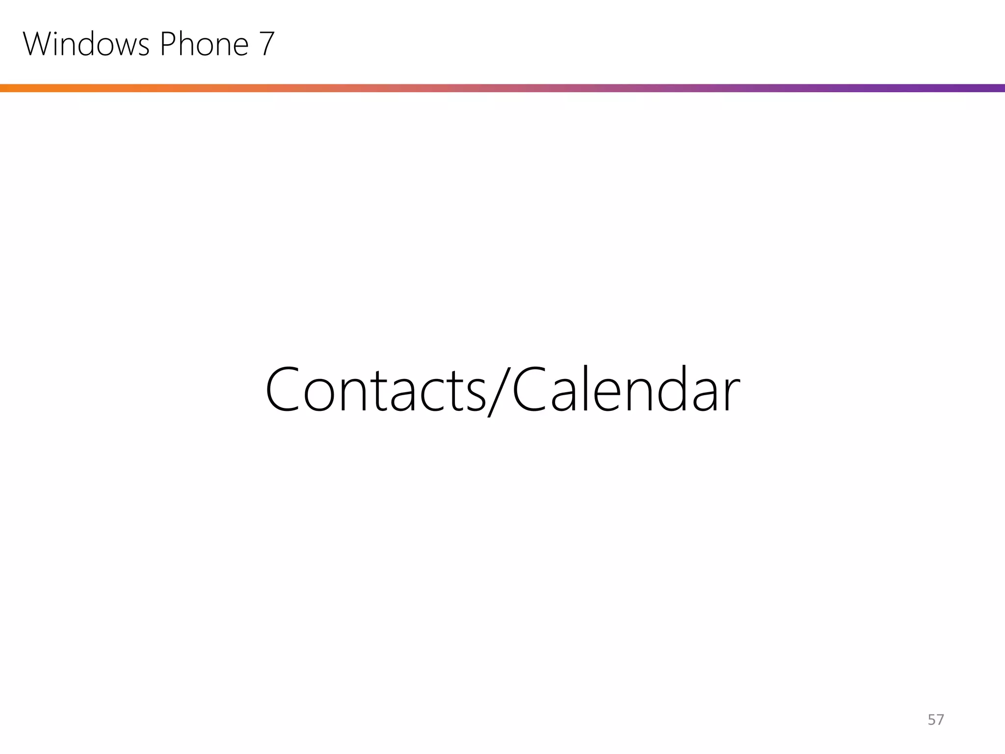 Windows Phone 7




              Contacts/Calendar




                                  57
 