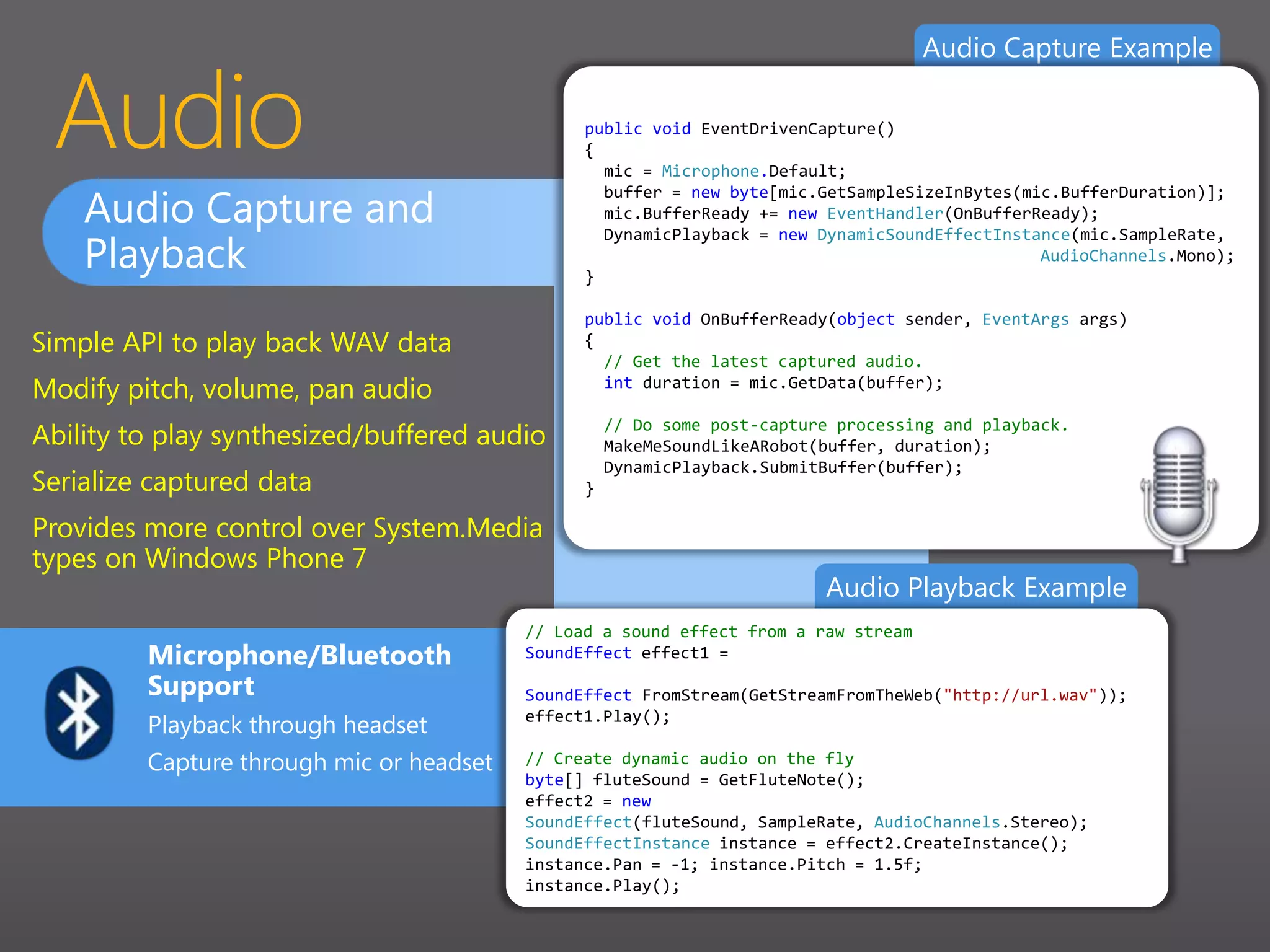 System Support: Scaler and OrientationWrite your game without worrying about native resolution or orientationAutomatic rotation between portrait and landscapeTouch automatically supports both scale and orientation changesScaler can drastically improve performanceTrade off performance for “crispness” and shade fewer pixels800x480 = 384,000 pixels, 480x320 = 153,600 pixelsUpsample an arbitrary back buffer to native device resolutionFar higher quality than bilinear filteringAllows for easier porting from other platformsScaling/Rotation comes for “free” from Hardware