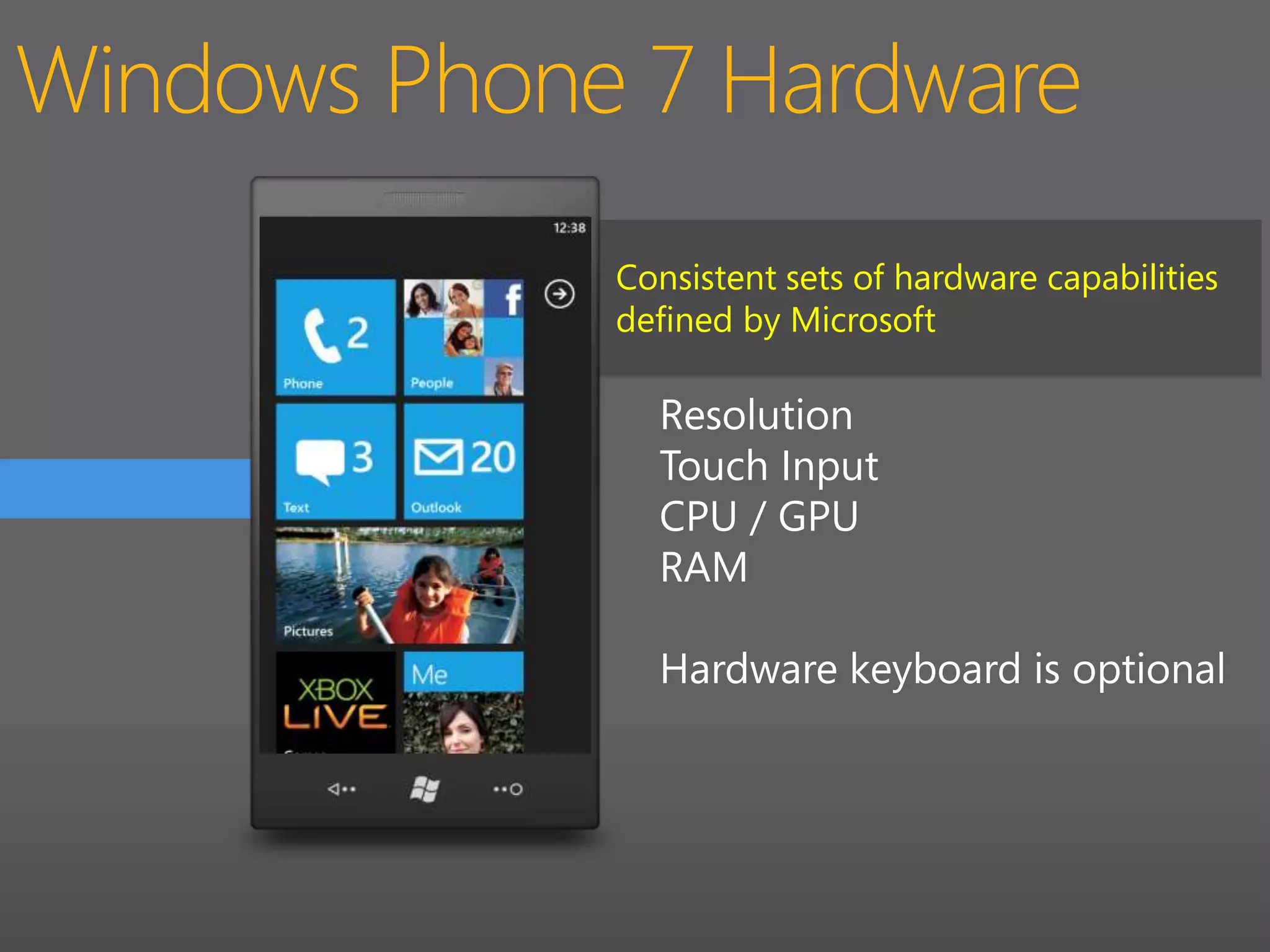 Windows Phone 7 HardwareConsistent sets of hardware capabilities defined by MicrosoftResolutionTouch InputCPU / GPURAMHardware keyboard is optional