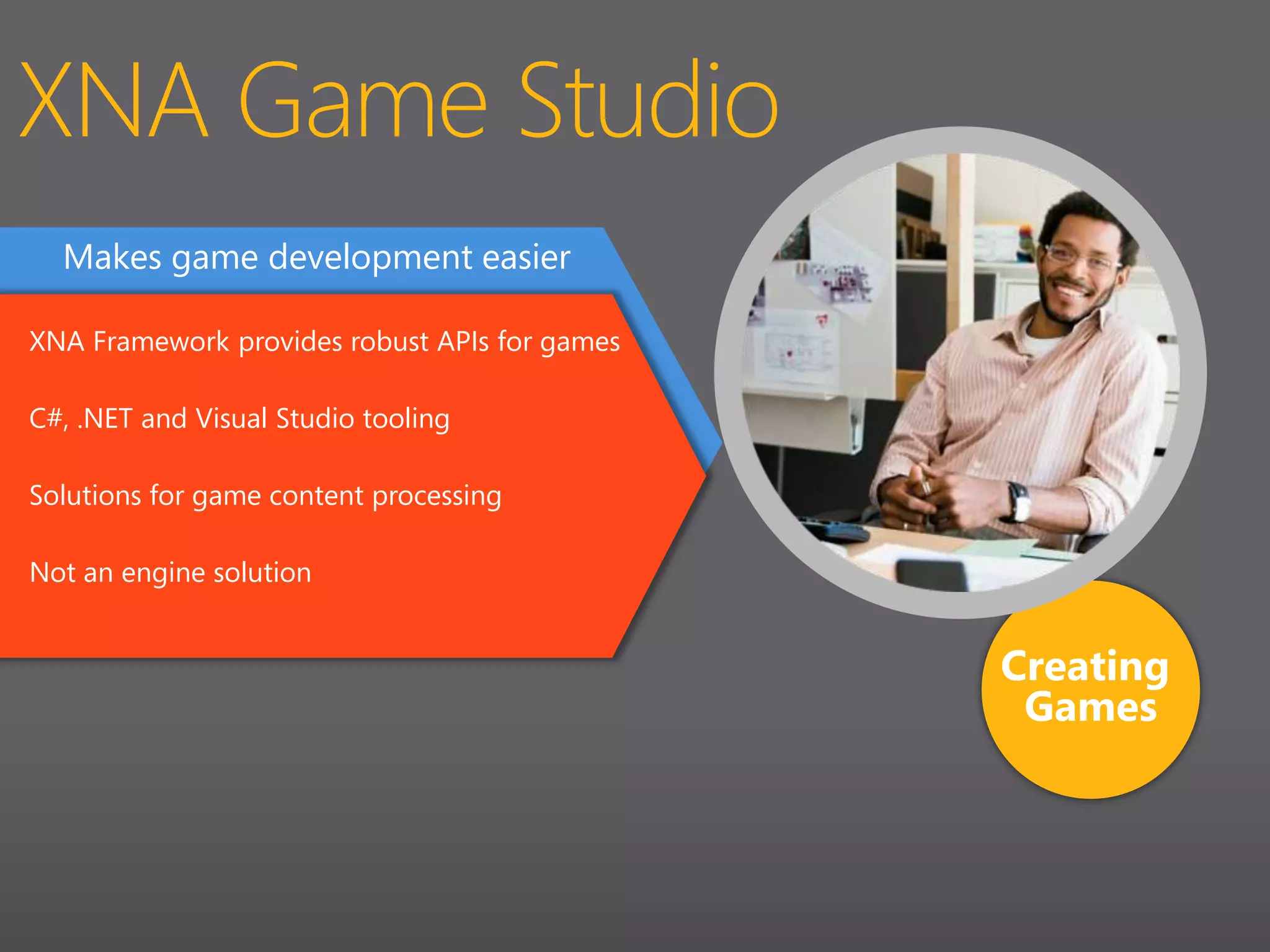 XNA Game StudioMakes game development easierXNA Framework provides robust APIs for gamesC#, .NET and Visual Studio toolingSolutions for game content processingNot an engine solutionCreatingGames